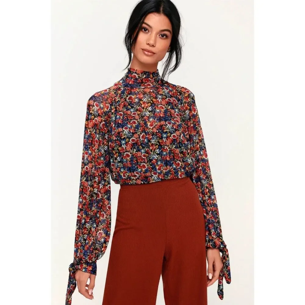 Free People All Dolled Up Top Floral Mesh Boho Fairy Tie‎ Sleeve Cropped y2k XS